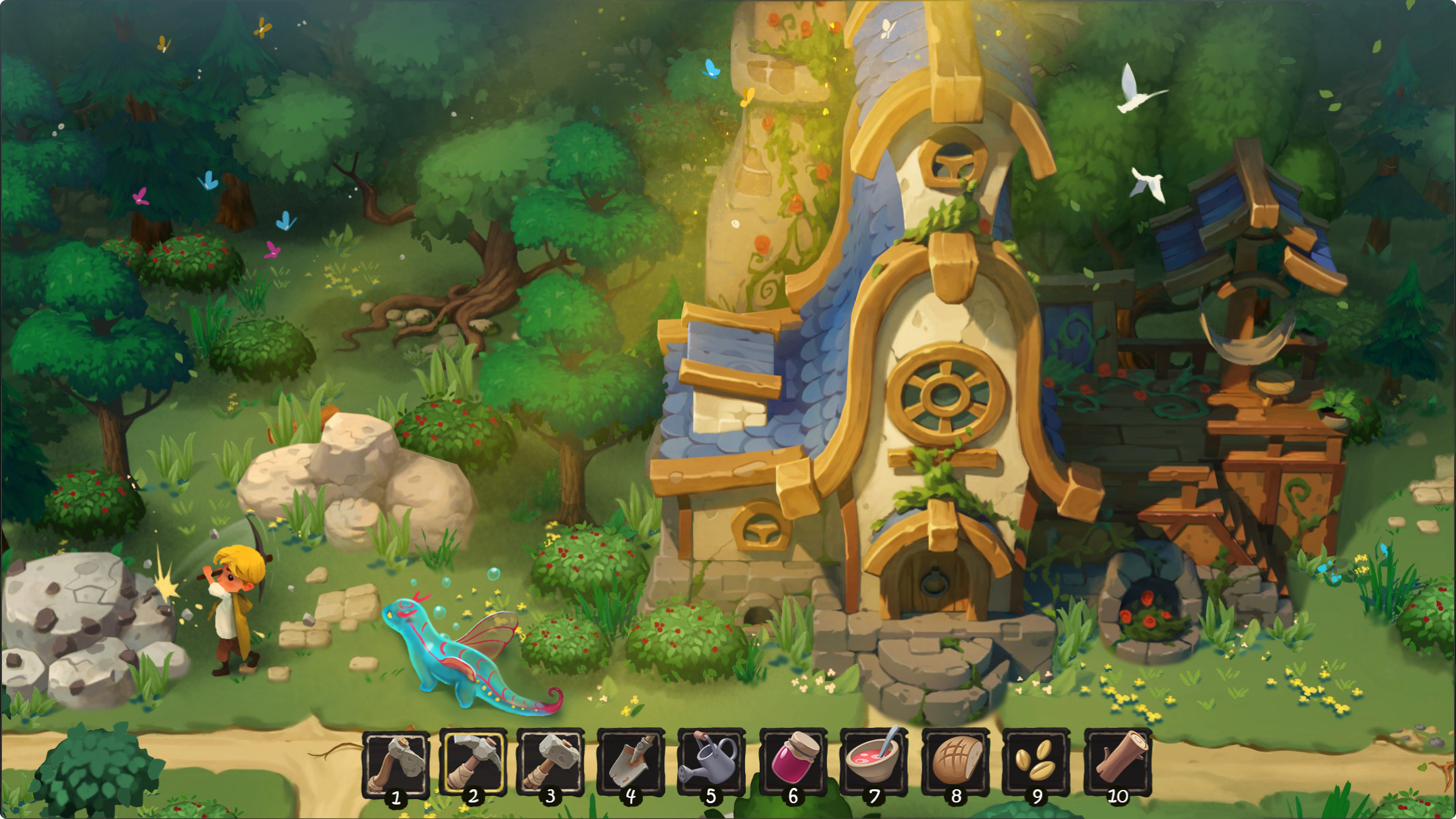 An early prototype screenshot showing the top-down farm view, a dragon, and the tool hotbar.
