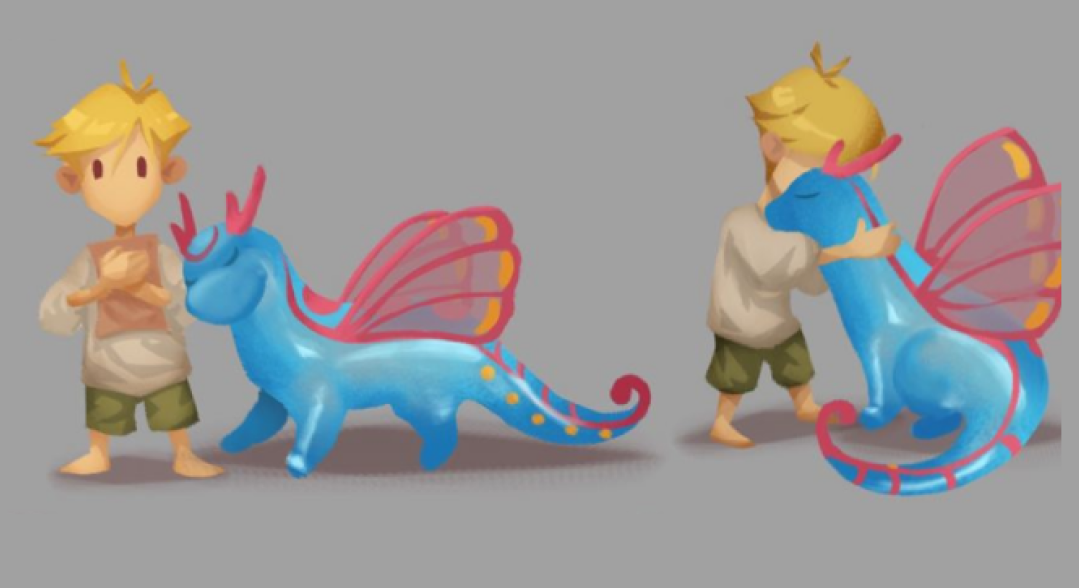 Dragon character concepts — the hero bonding with a small, butterfly-winged dragon.