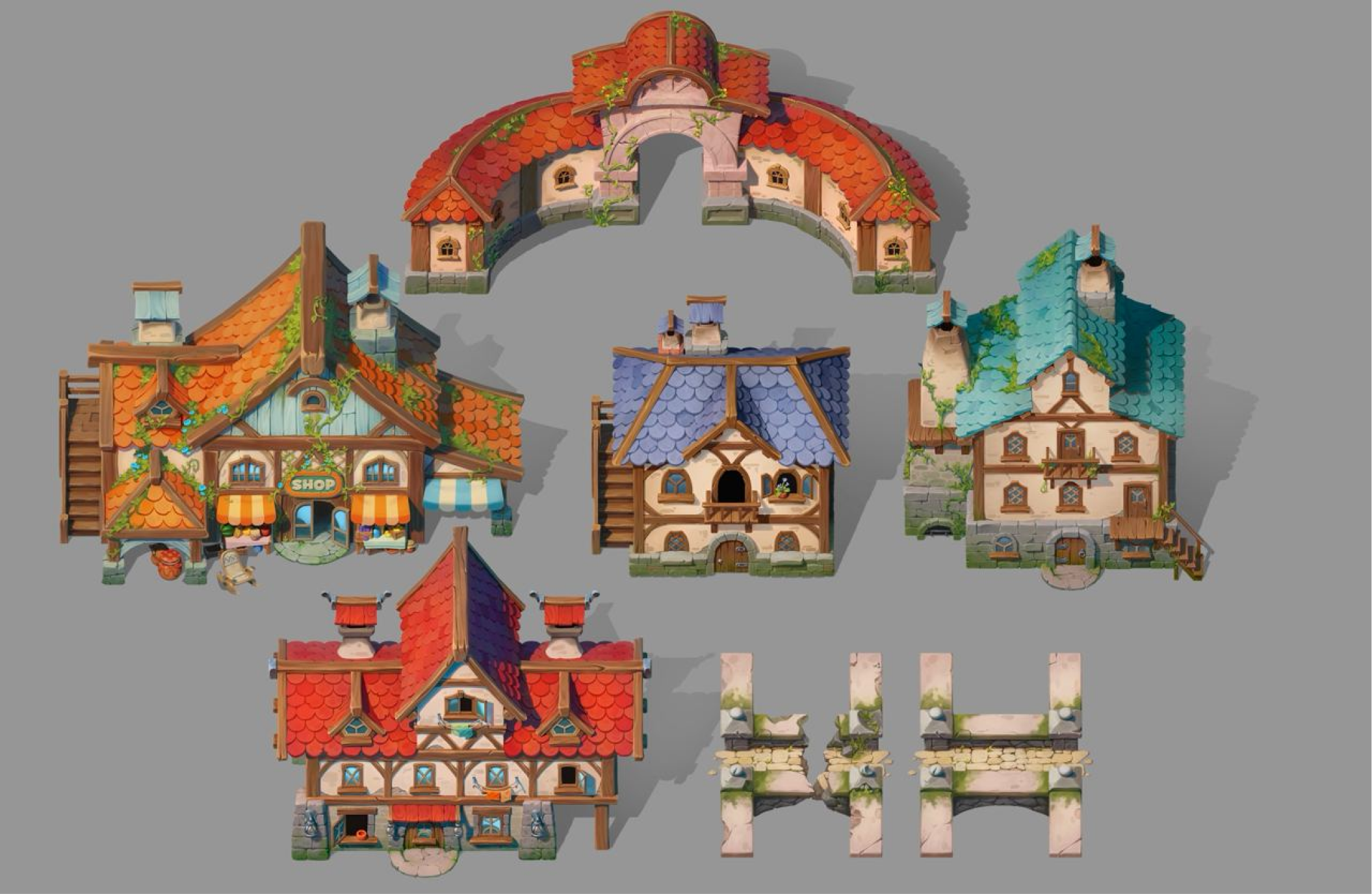 Concept art for the town's buildings in the project's painted style.