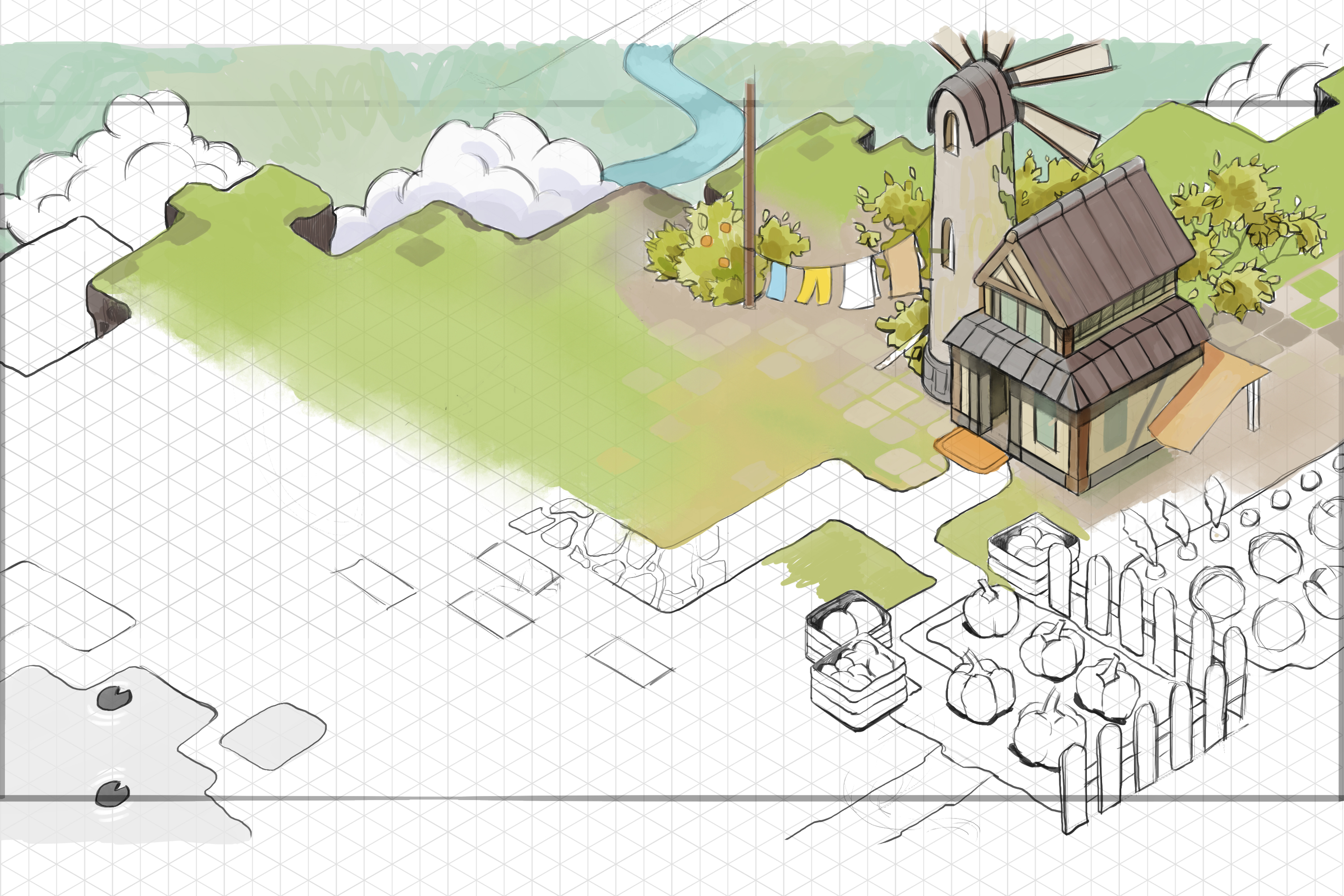 The Dragon Shelter farm laid out on an isometric grid — cottage, windmill, garden plots and stone paths defining the world's signature angle.