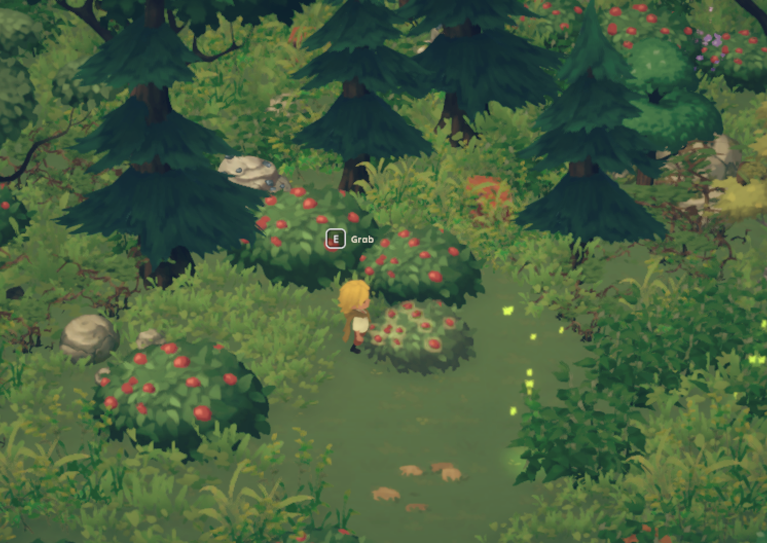 Collectible readability: a low-noise highlight outline with color-coded fireflies and flowers.