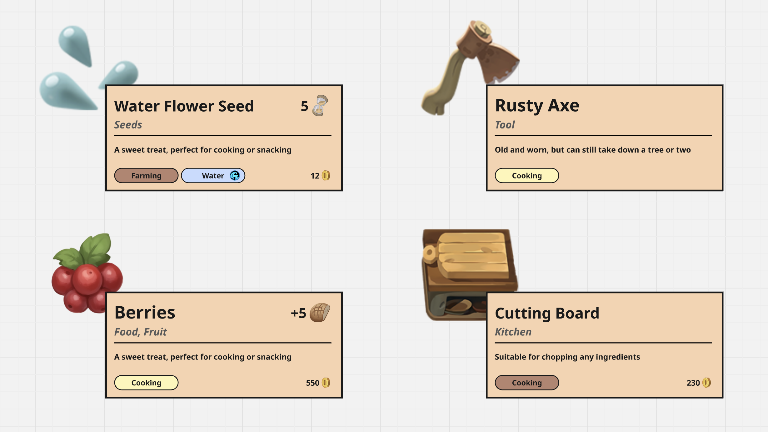 The new item tooltip system, surfacing names and descriptions to help players plan