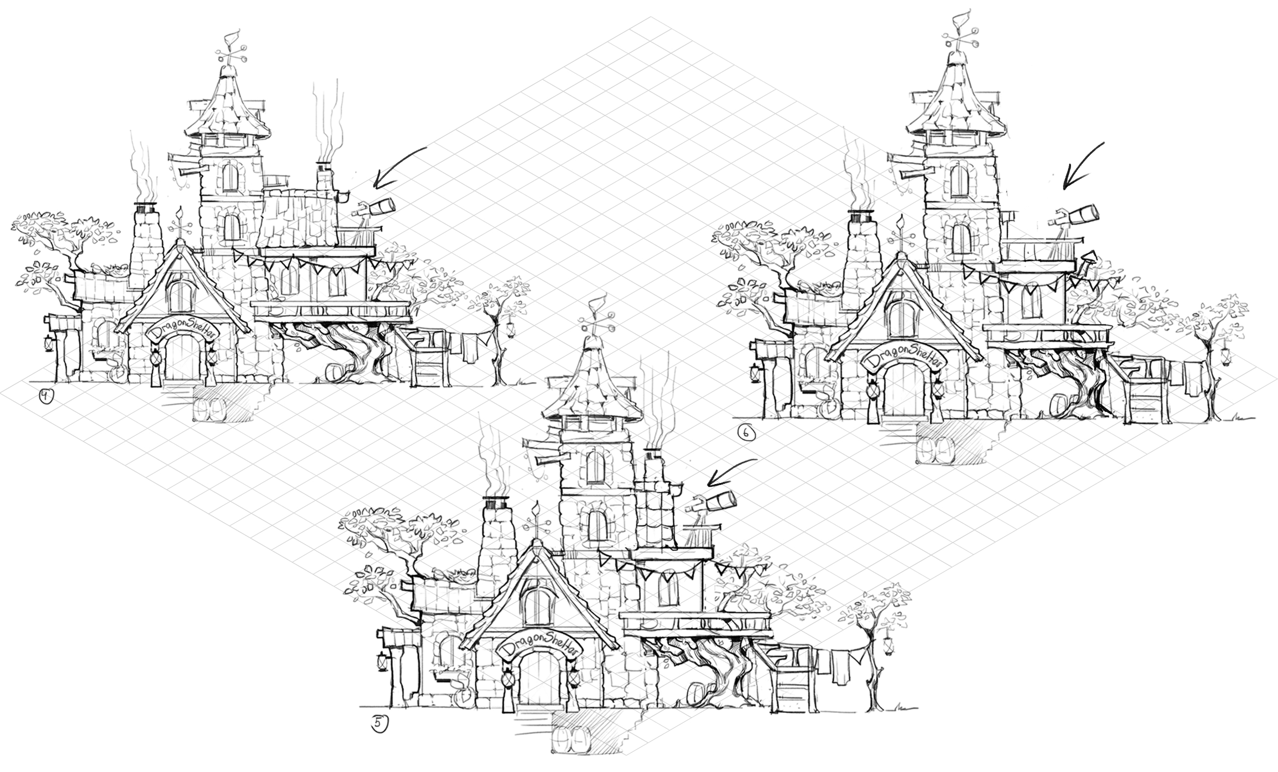 Line-art variations of a stone tower house, iterating on silhouette and roof composition.