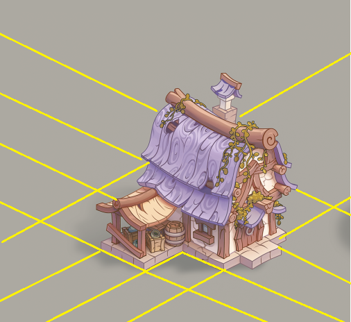 In-engine isometric interior with character, chest and forge while testing room blockout and lighting.