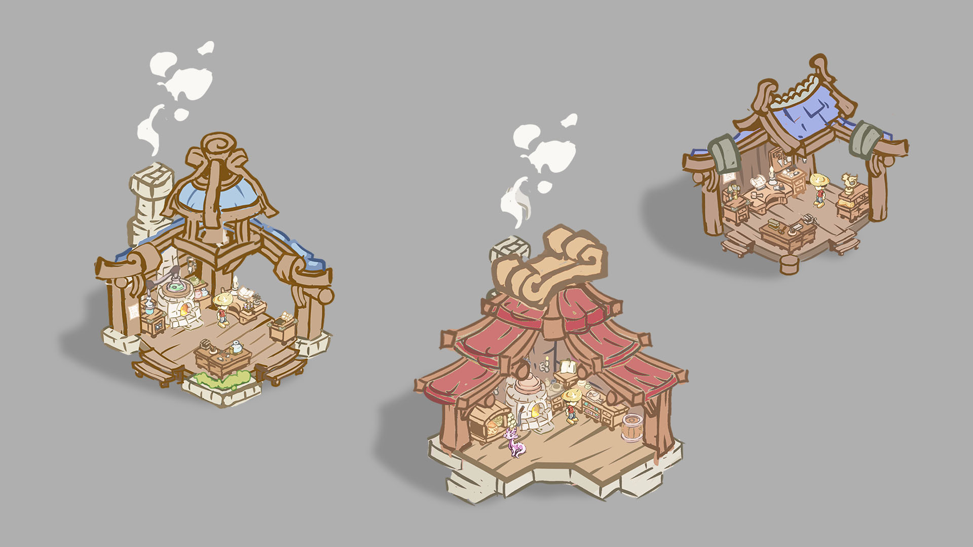 Early line-and-flat-colour concepts for cutaway Dragon Shelter buildings, blocking interior layouts on a neutral background.
