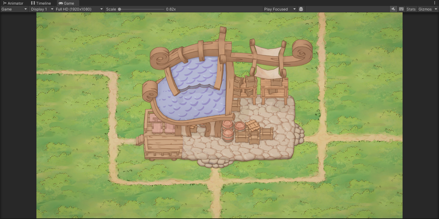 Made Dragon Shelter building asset placed and previewed in the Unity scene editor during integration.