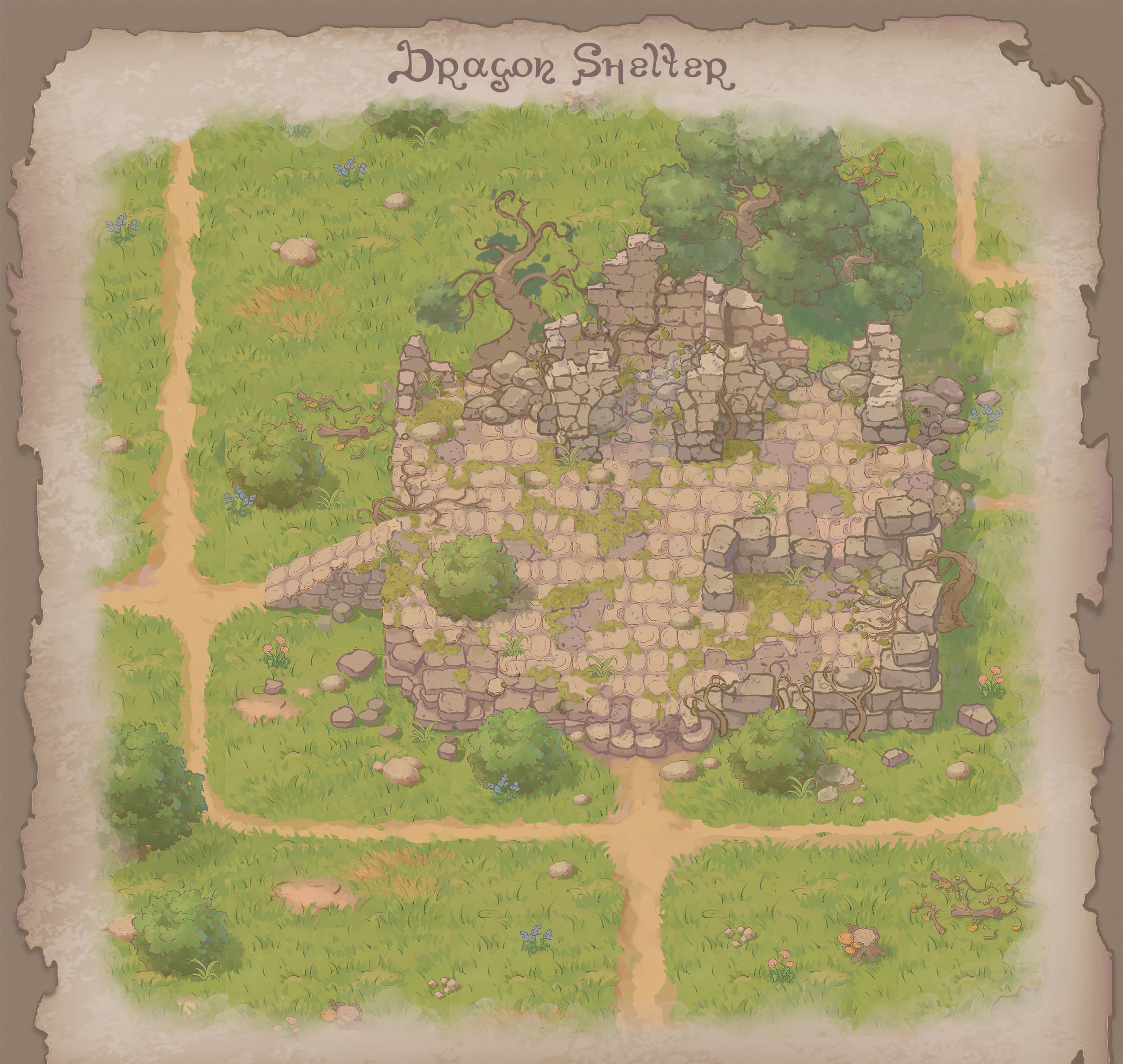 Finished Dragon Shelter title key art on aged parchment, presenting the ruined fortress location with its painted name banner.