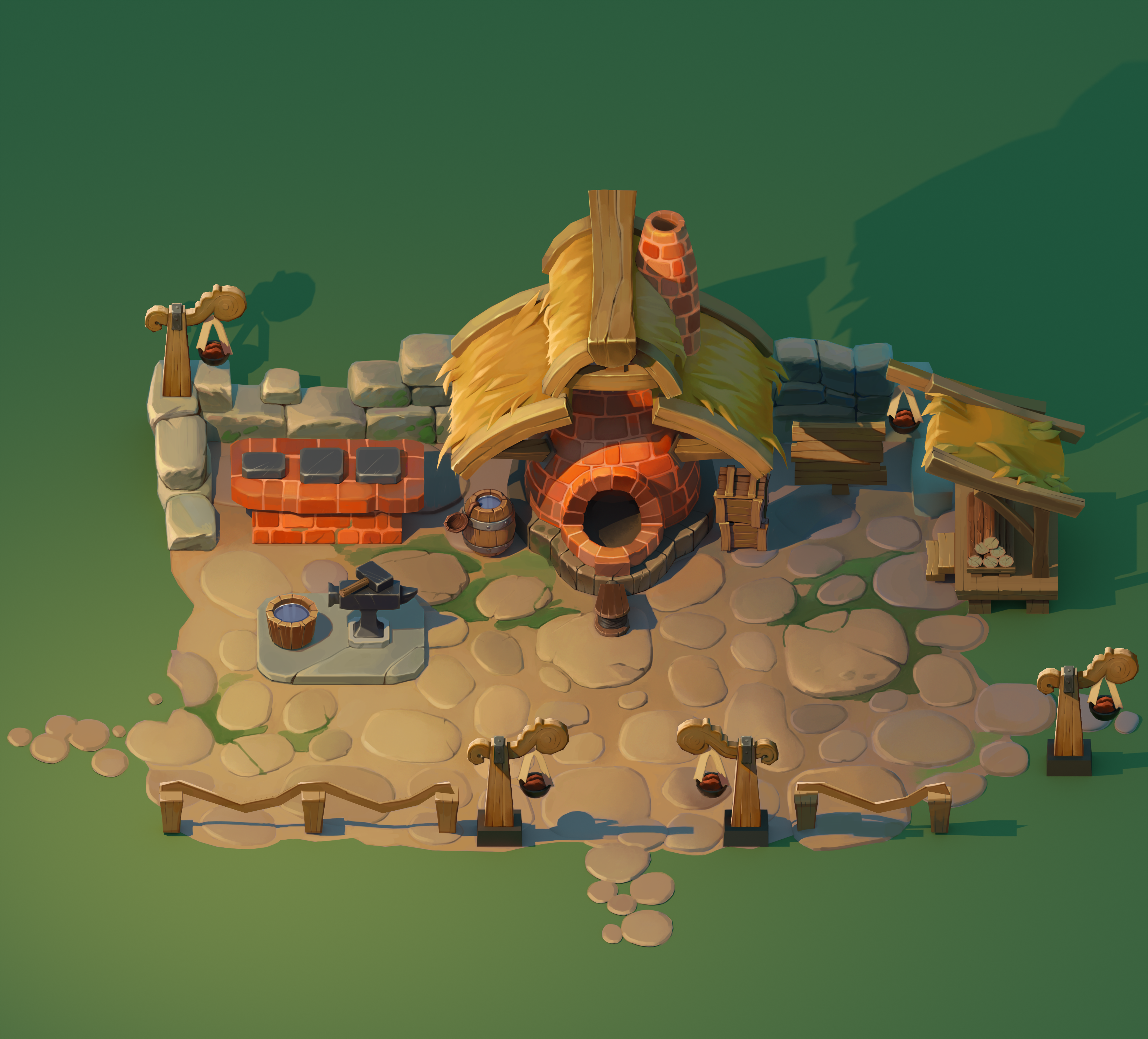 3D blockout of the Dragon Shelter blacksmith forge, with brick furnace, anvil and thatch assembled from the concept sheets.
