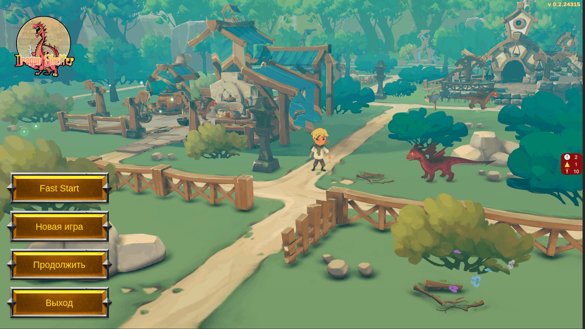 Dragon Shelter main menu with the game logo, the hero and a dragon set in the finished farm village scene.