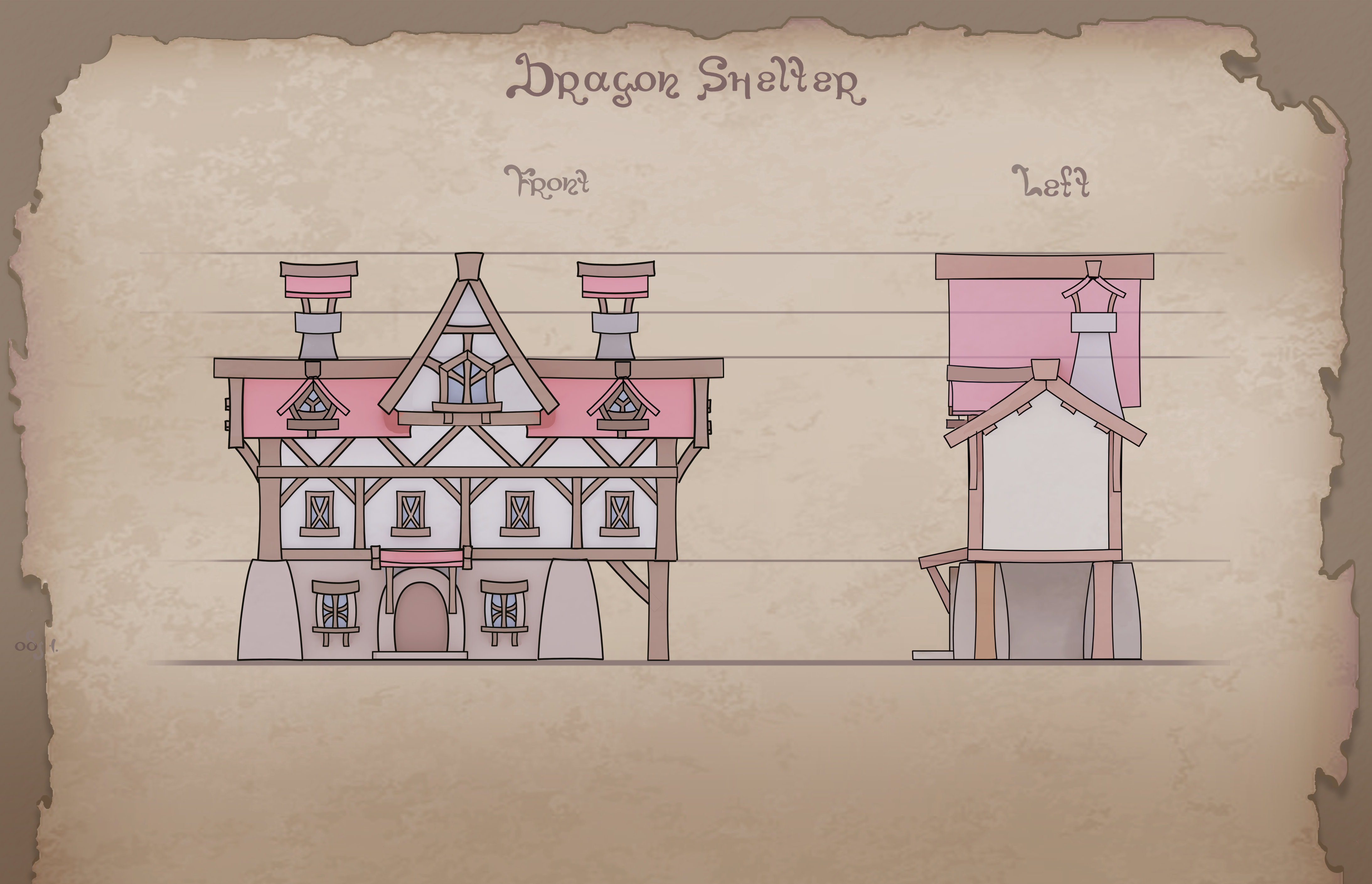Dragon Shelter orthographic design sheet, front and side projections of the building with its twin chimneys and timbered facade.
