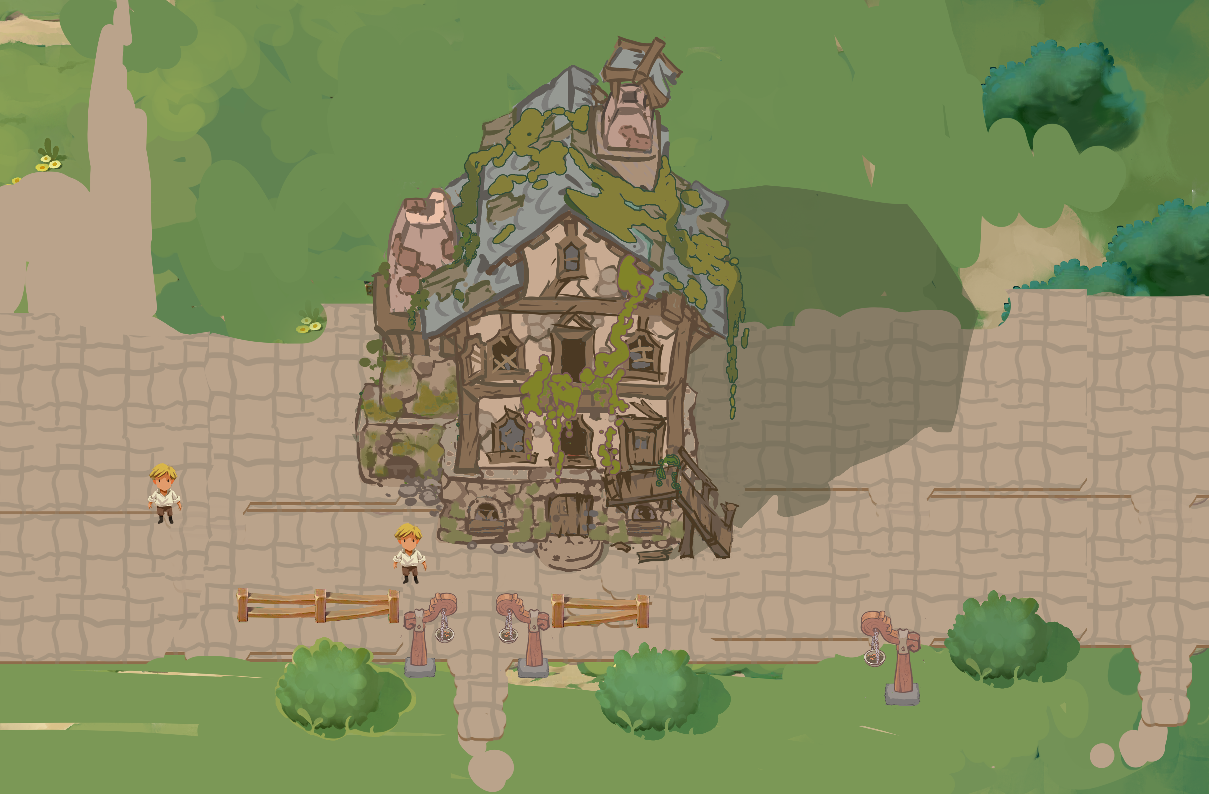 Ruined house concept placed in the isometric world, ivy-covered behind the stone wall.