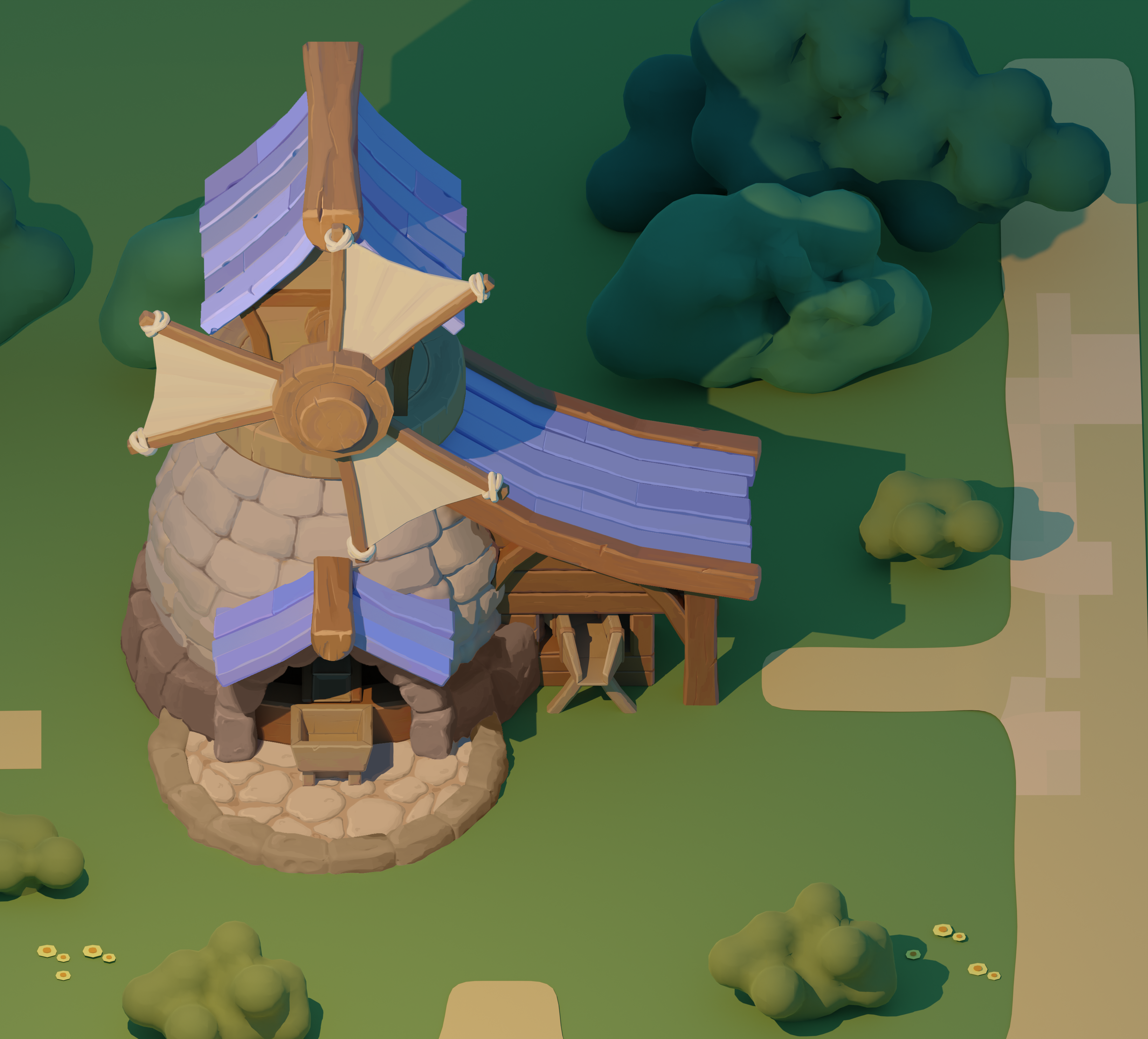 Dragon Shelter windmill 3D model in progress, set into the surrounding terrain for scale.