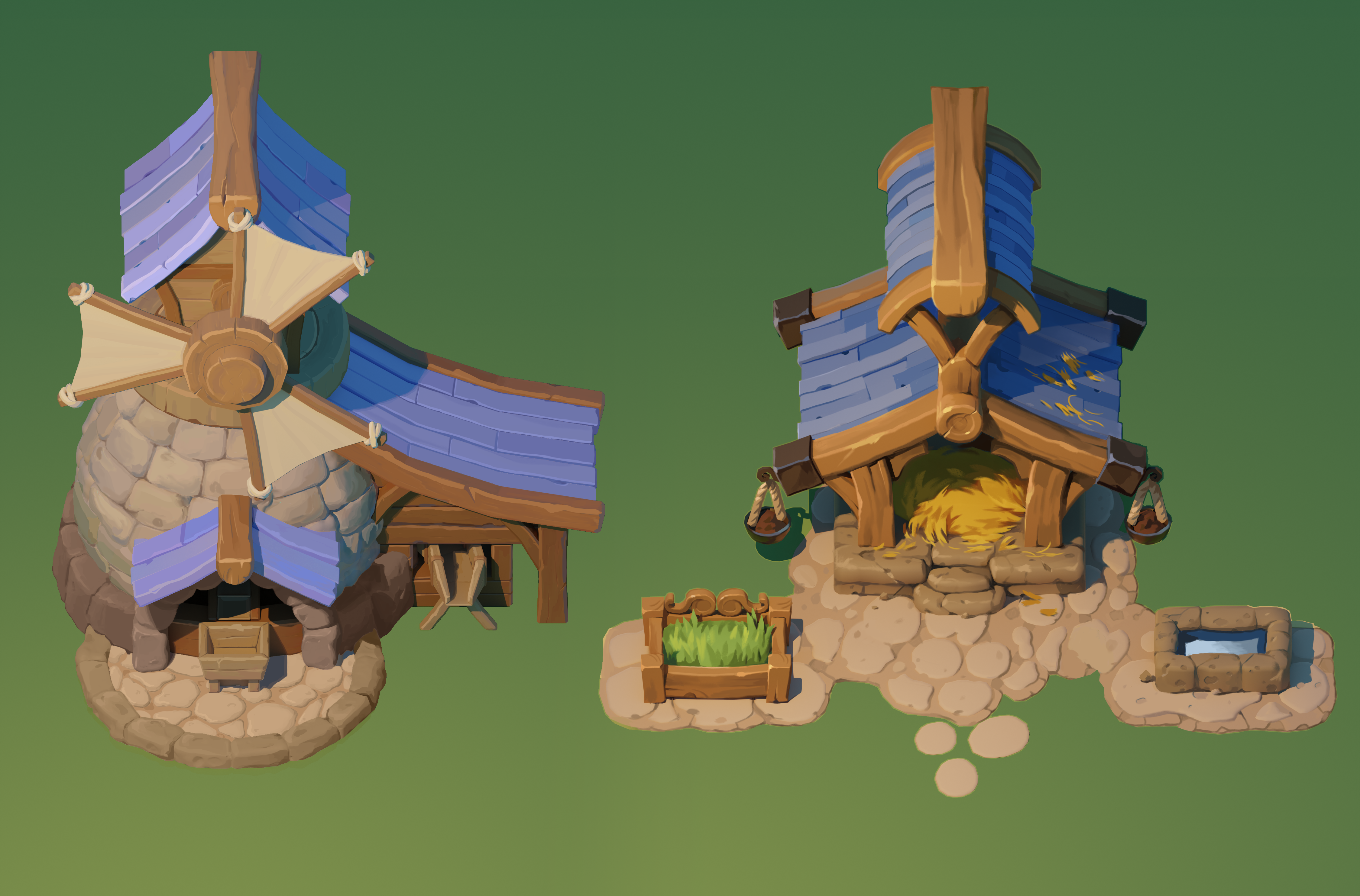 Windmill before-and-after — clean build beside the upgraded version with crops, lanterns and well.