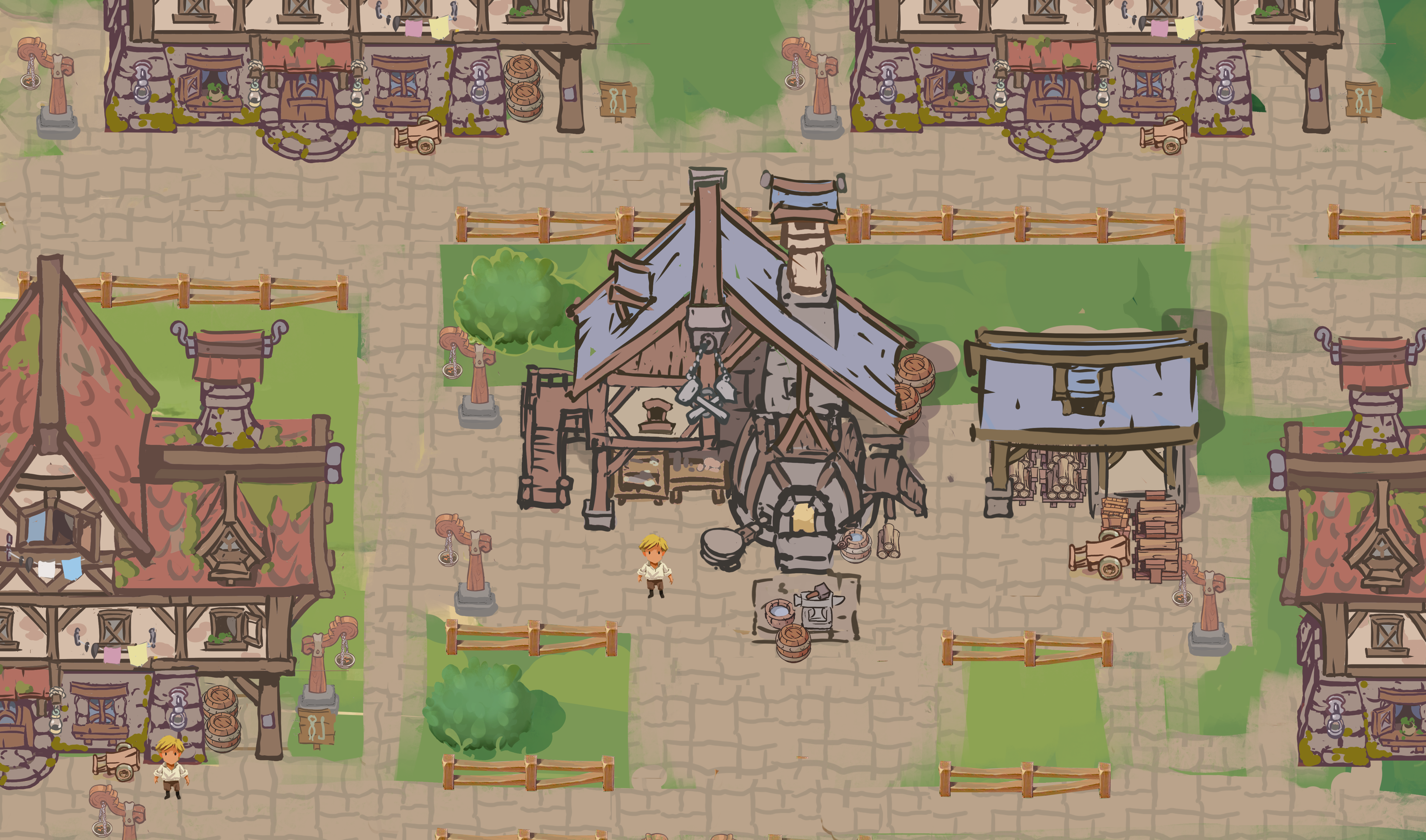 Forge building blocked into the city layout among neighbouring houses and fences.