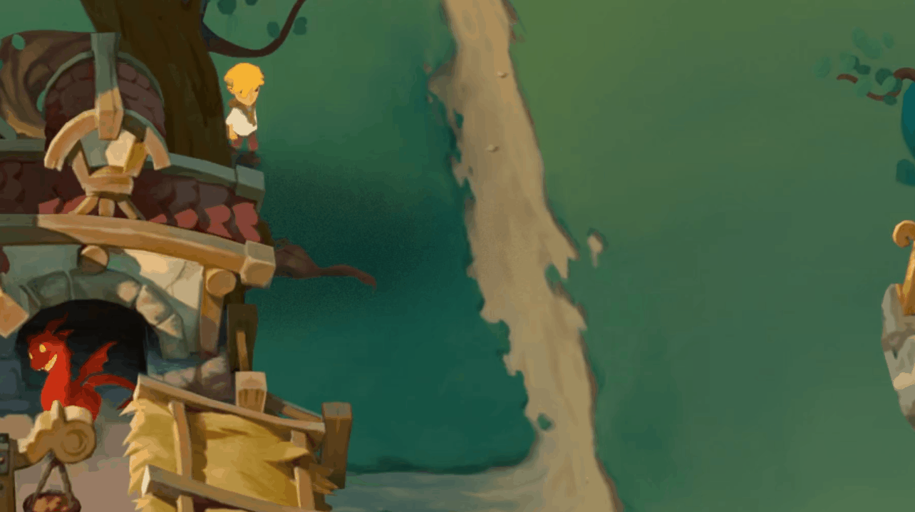 In-engine Dragon Shelter gameplay with the hero walking the dock beside coastal buildings.