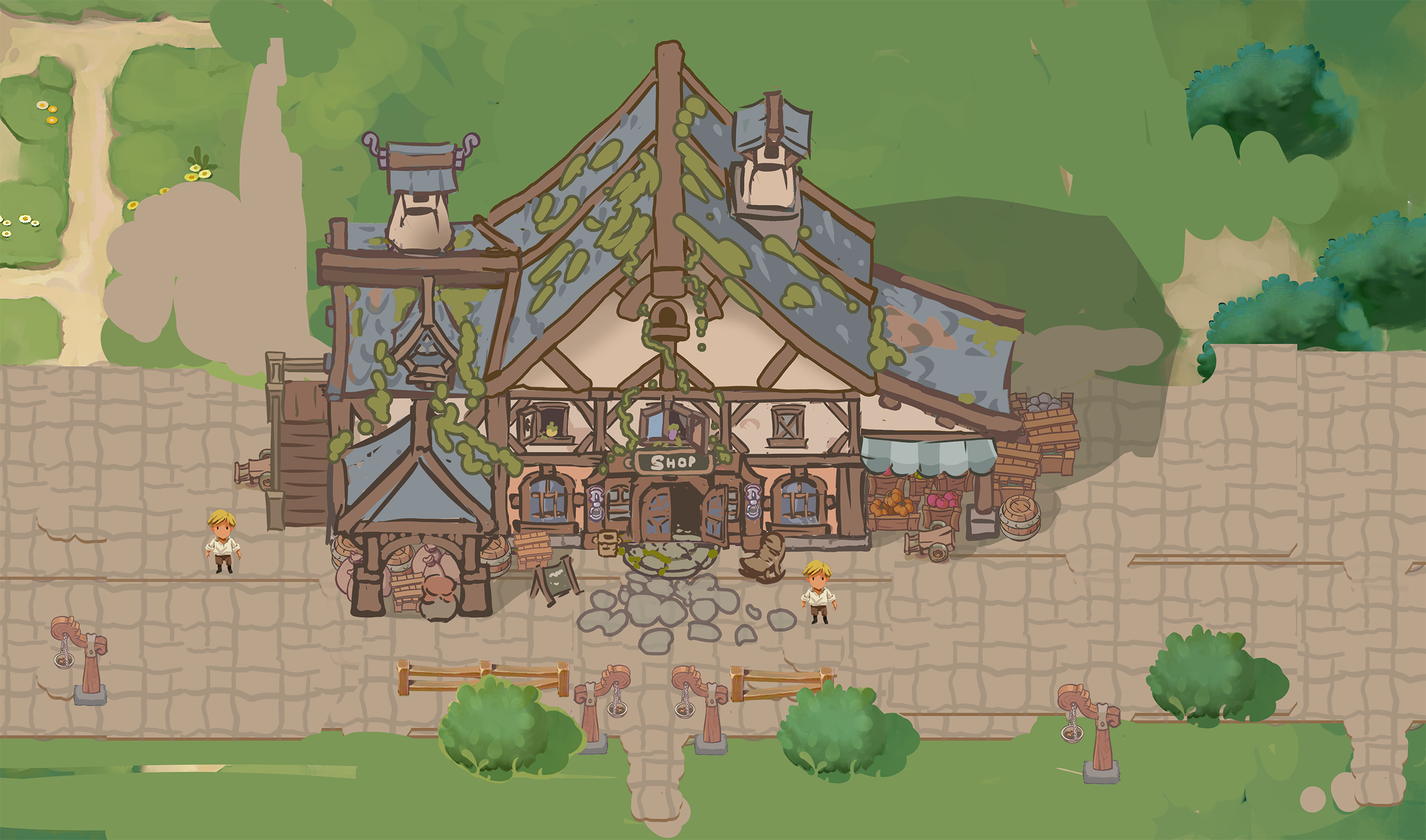 Shop building integrated into the world, with awning, crates and ivy detailing in the isometric view.