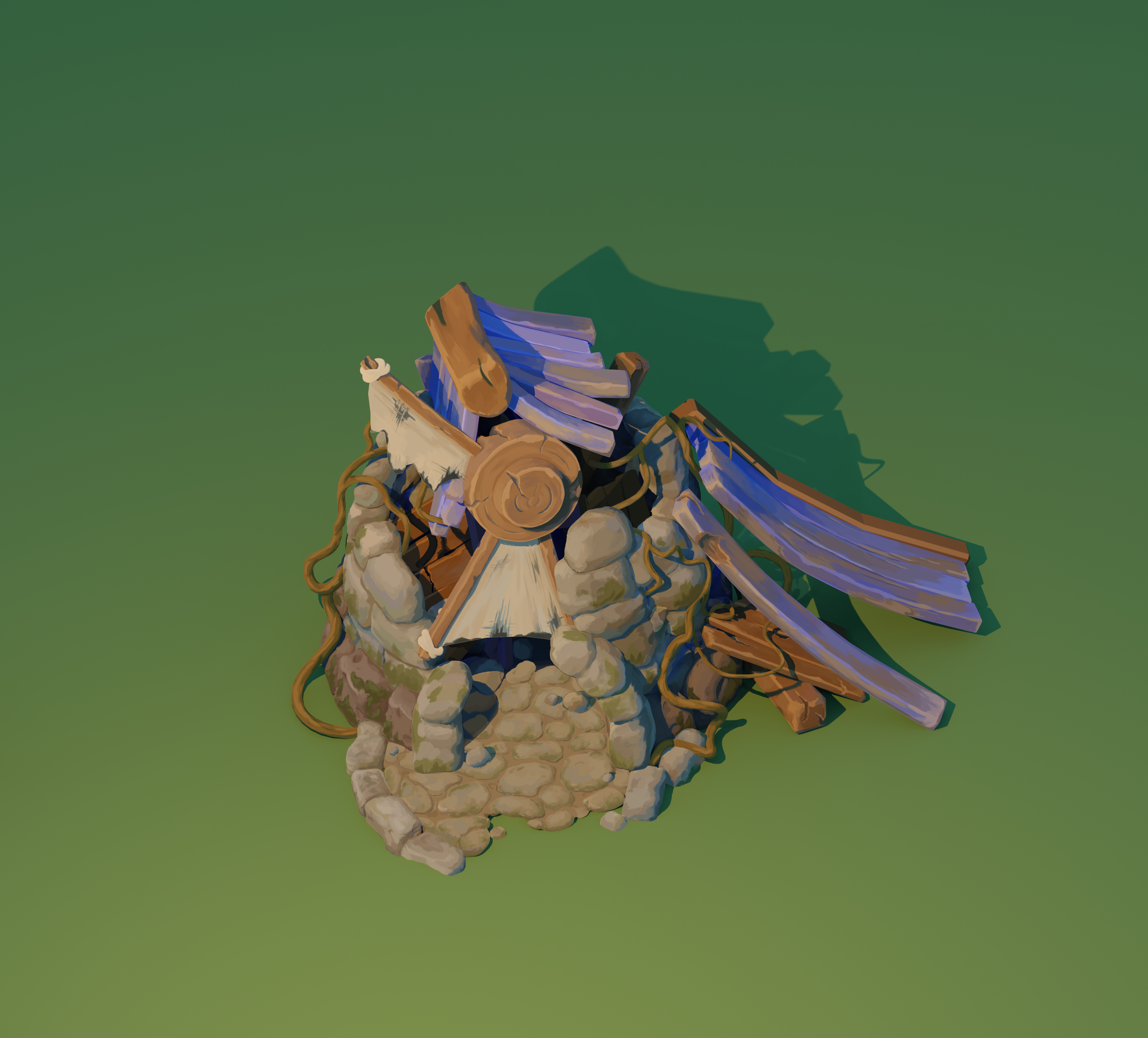 Work-in-progress 3D model of a ruined stone windmill building, sculpted and paint-overed before texturing.