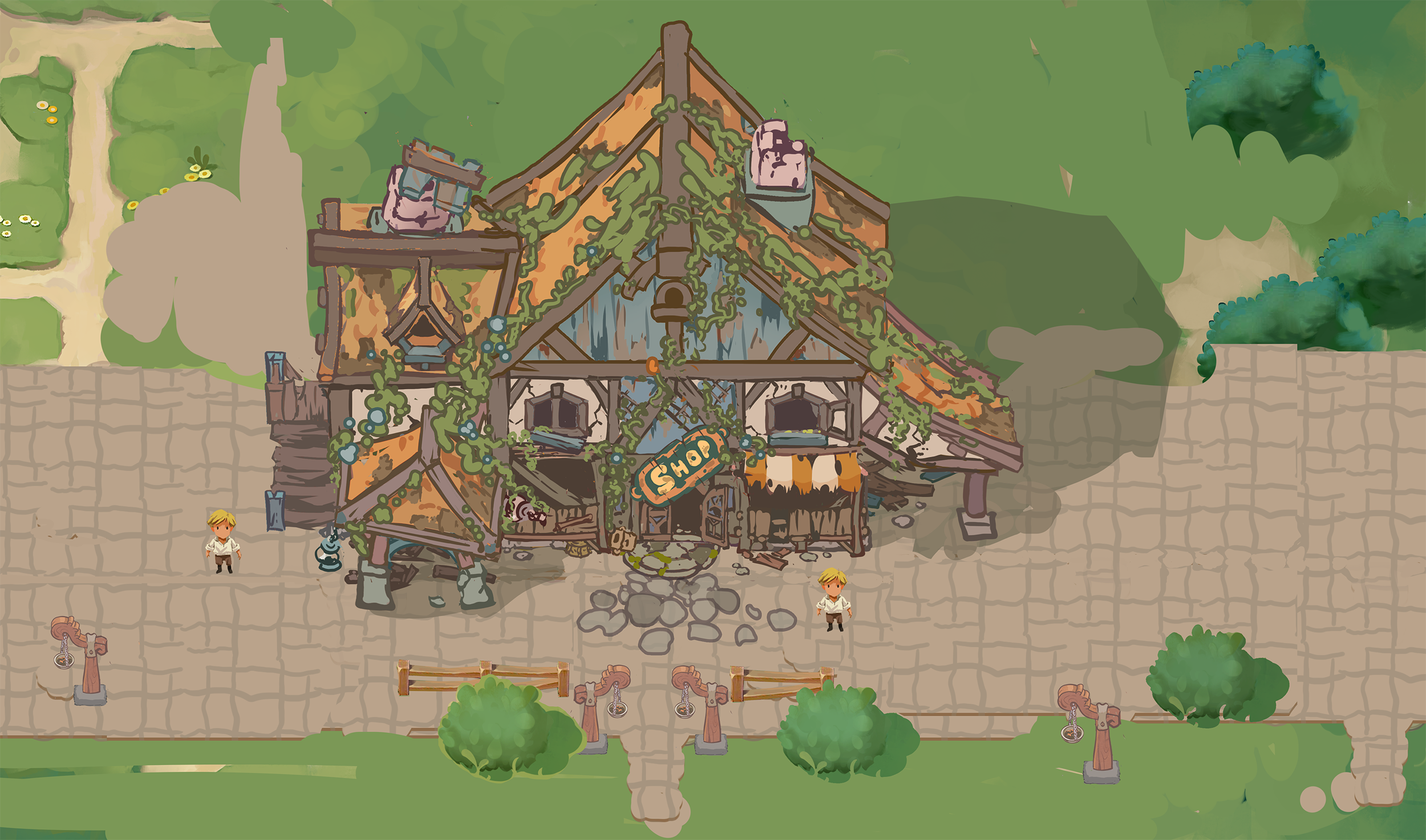 Ruined, overgrown variant of the Shop building exploring a weathered design direction.