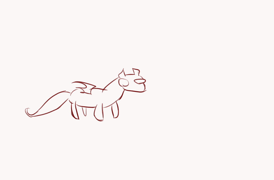 Loose line drawing of the Dragon Shelter dragon in a side profile, refining body and tail proportions.