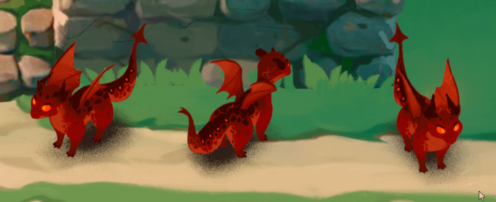 Polished red dragon variant shown in three poses against a painted stone-and-grass backdrop, presenting the finished character art.