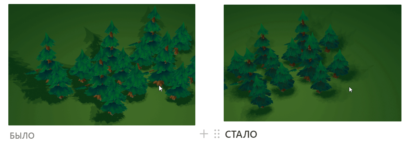 Before and after comparison of the painted pine trees, tightening color and density for better readability.
