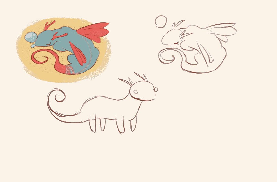 Early drawn exploration of the Dragon Shelter dragon: rough pose studies and a colored sleeping curl that define its rounded, friendly silhouette.