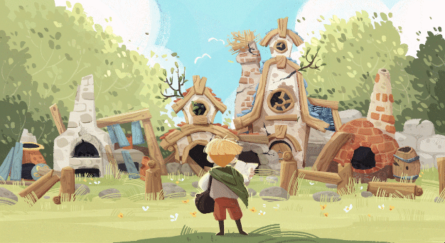 Painted key-art concept of the Dragon Shelter village: a young hero approaching whimsical stone-and-timber dragon houses in a sunlit clearing.