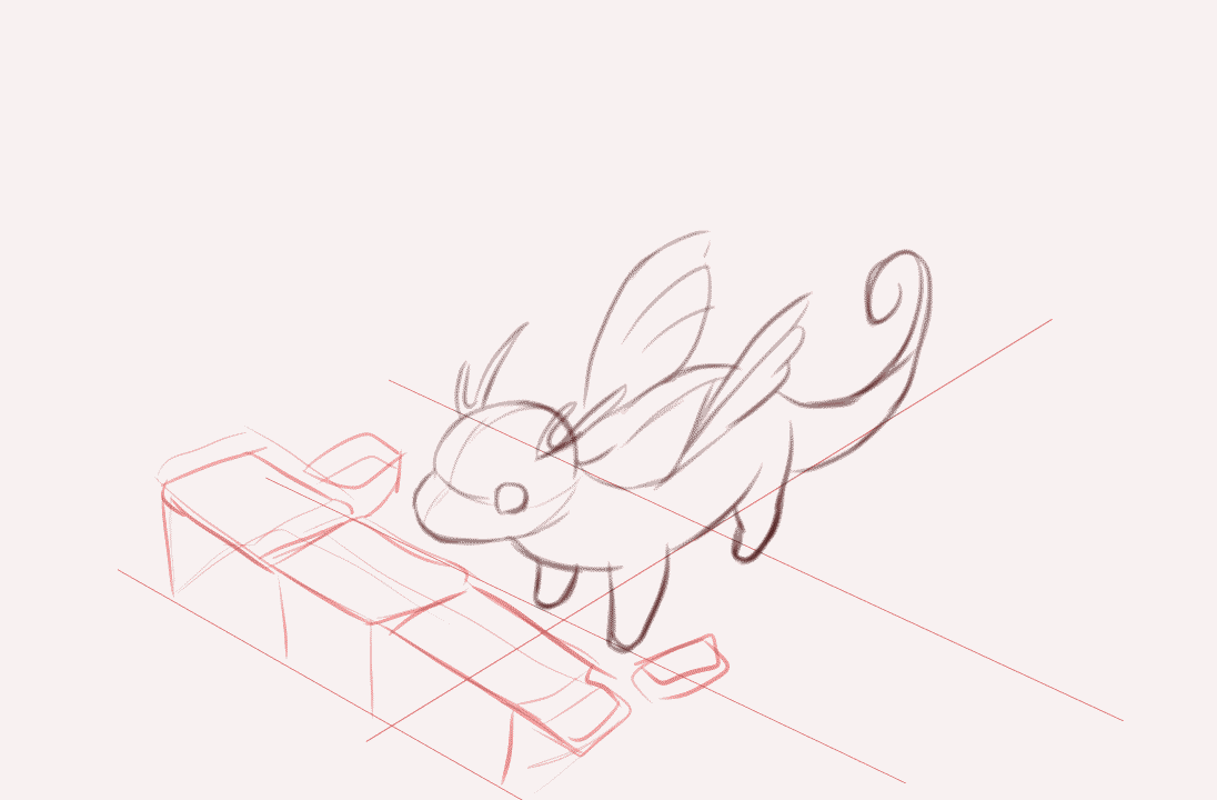 Dragon pose sketch set against a red perspective grid with a crate prop blocked out in isometric layout.