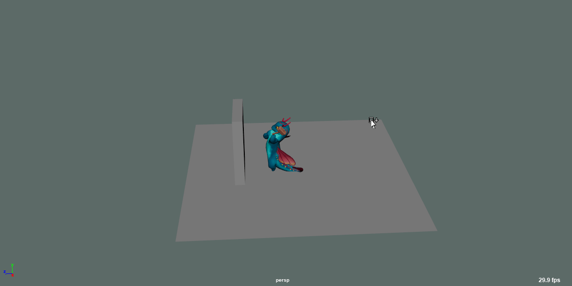 Dragon Shelter 3D dragon model posed and tested on a ground plane in Maya during character build.
