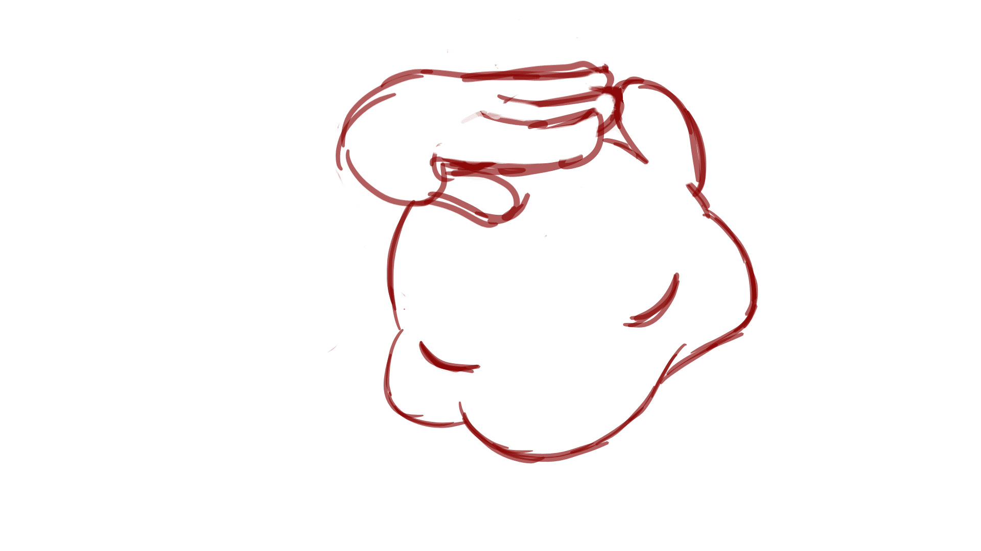 Rough red-line gesture sketch roughing out a Dragon Shelter creature emote pose.