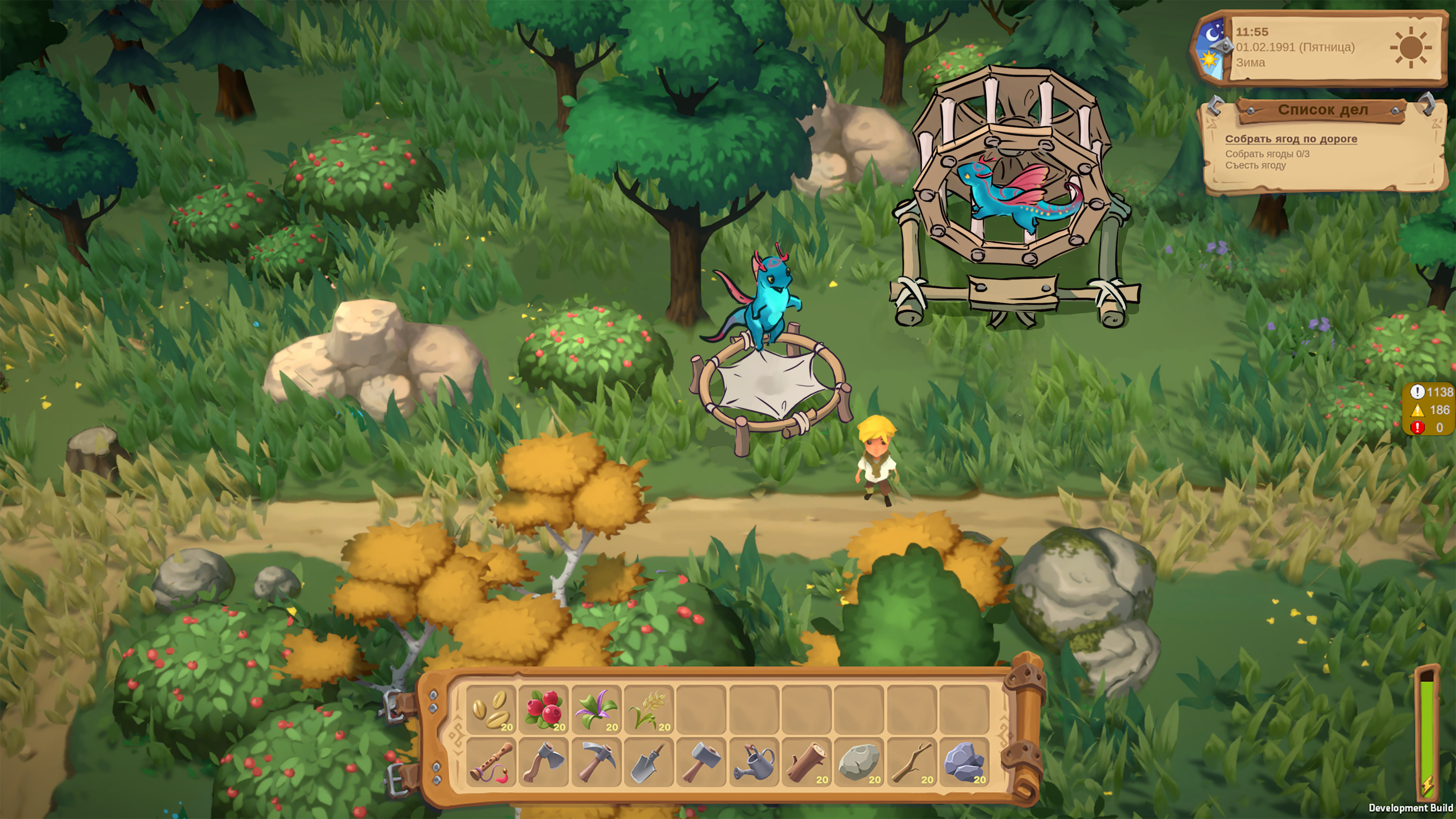Dragon Shelter gameplay in the build: a dragon bouncing on a crafted trampoline prop in the lush forest world.