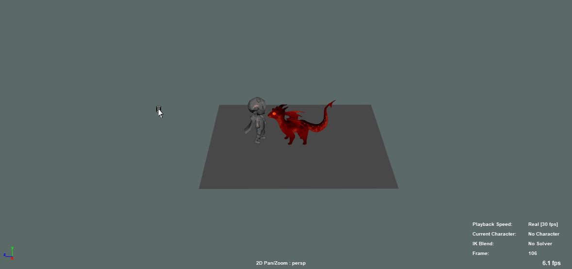 Scale and staging check pairing the player character beside the textured dragon companion in the Maya scene.