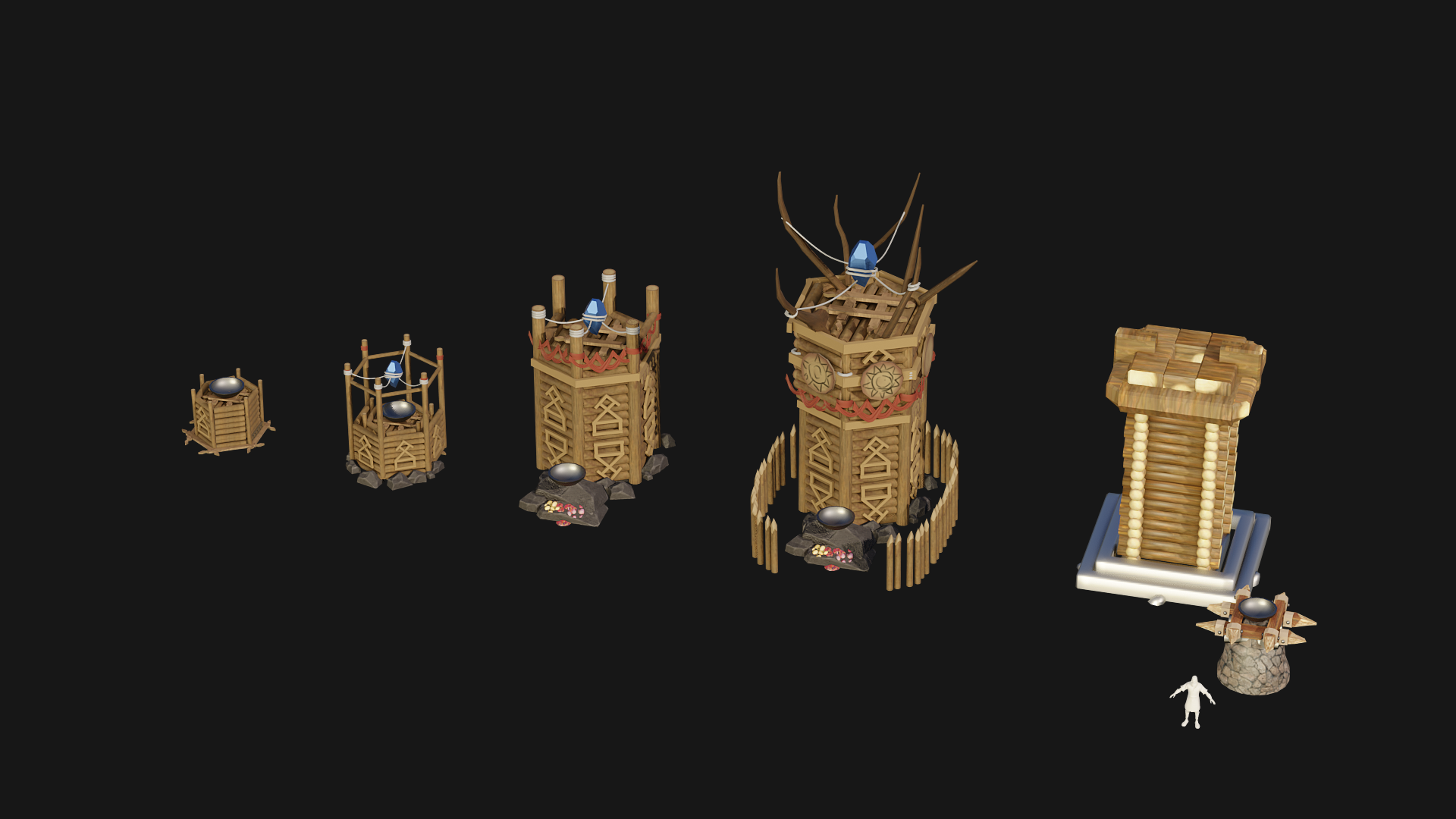 The Spirit Tower 2D concept, laying out the central building across its upgrade tiers.
