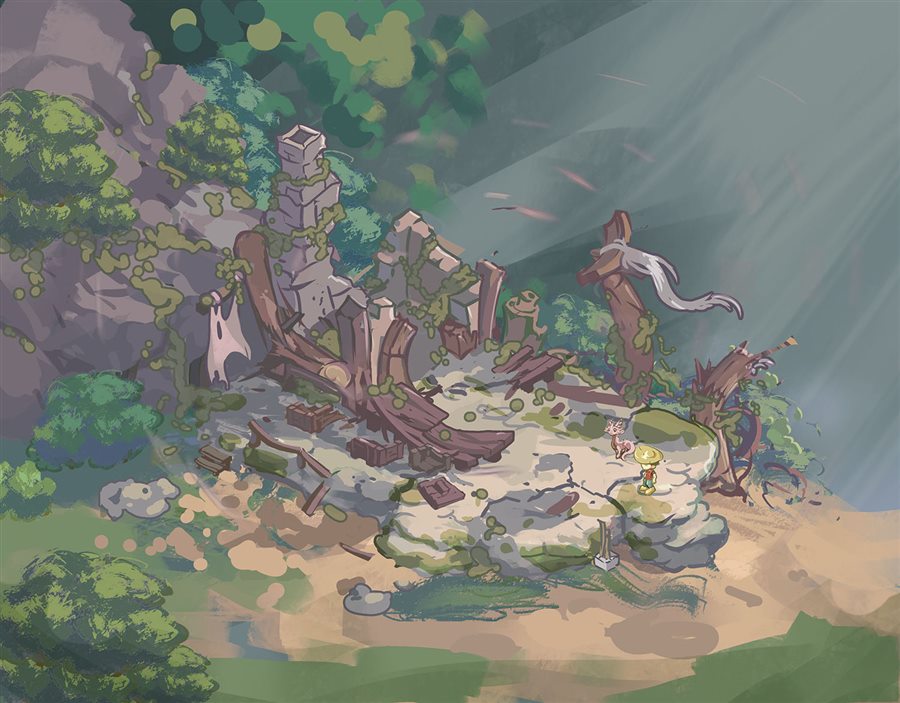 an overgrown ruin clearing, painted for mood