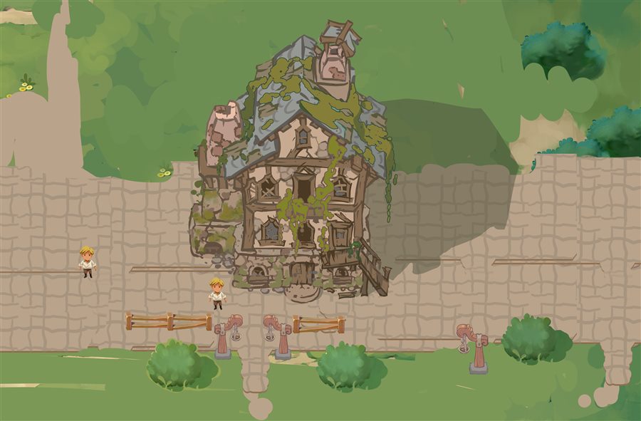 a ruined house, ivy and all