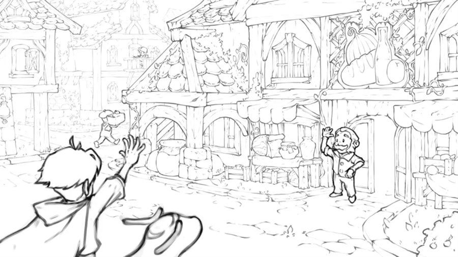 process: clean line art, the town scene